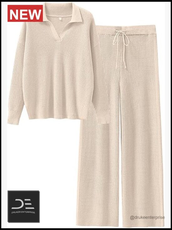 Pants - Waffle Knit Two Piece Lounge Set - Pullover & Wide Leg Pants